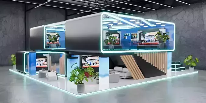 Modern Double Story Exhibition Booth Blender Scene