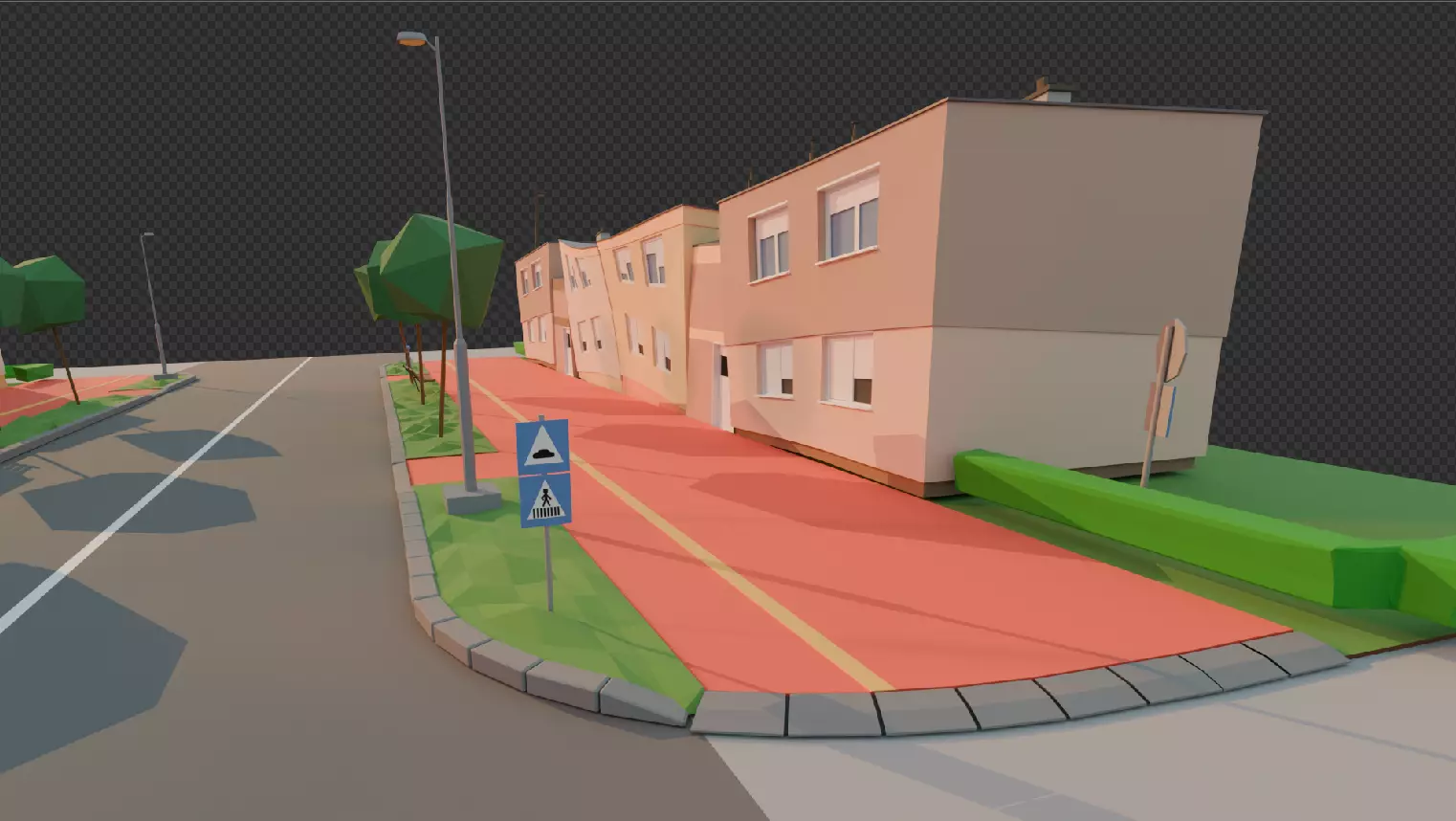 Street with stylized buildings Free low-poly 3D model