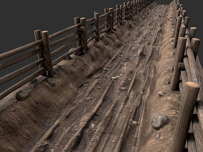 Village Road With Fence 2 Low-poly 3D model