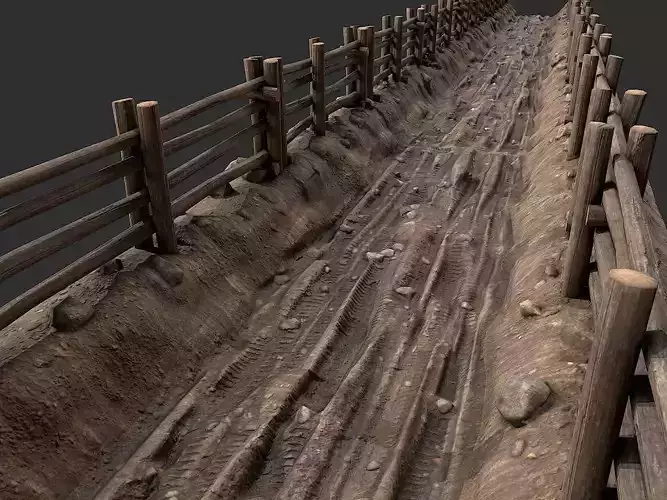 Village Road With Fence 2 Low-poly 3D model