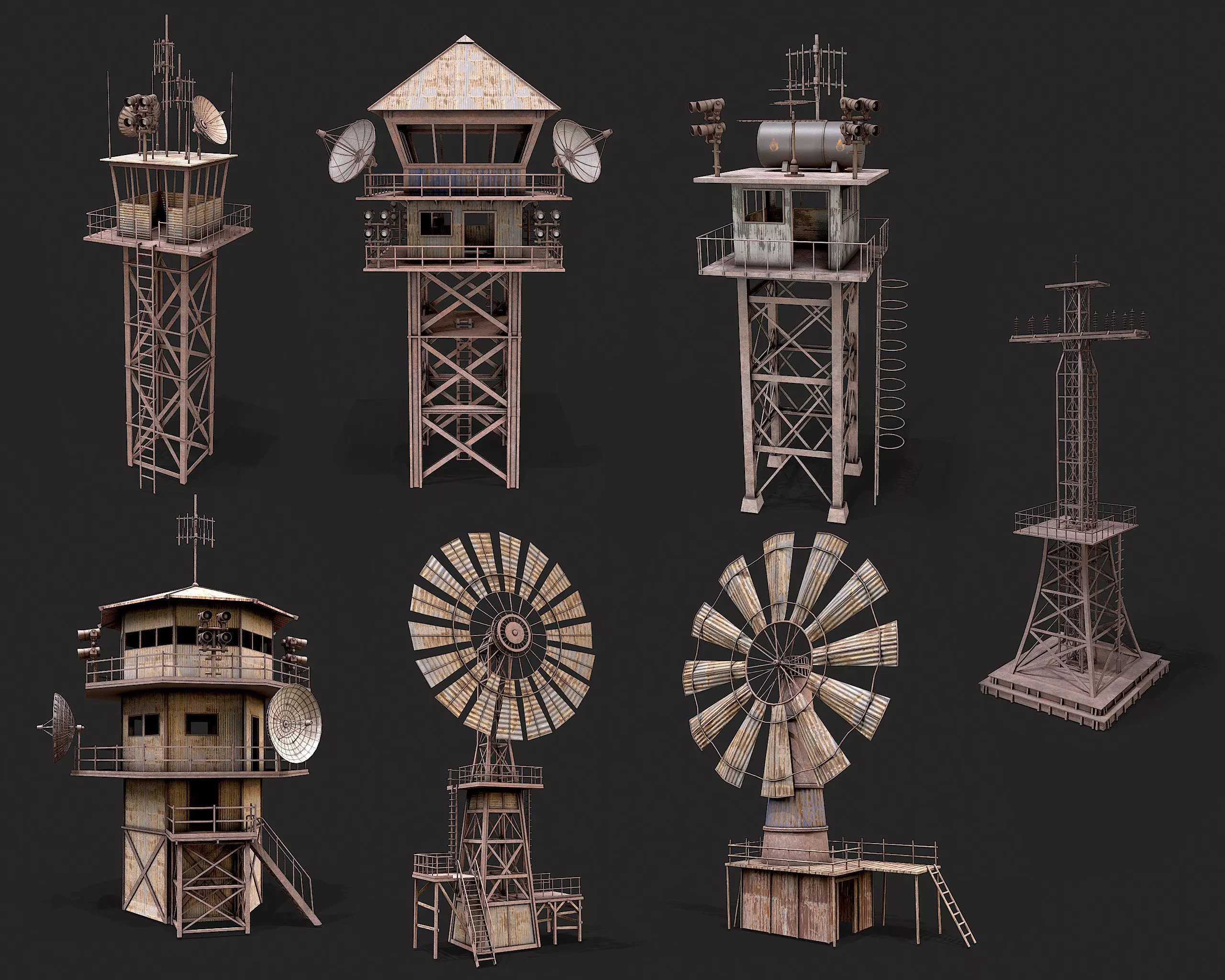 Post Apo Windmill Watchtower and Transmission Tower Collection Low-poly 3D model