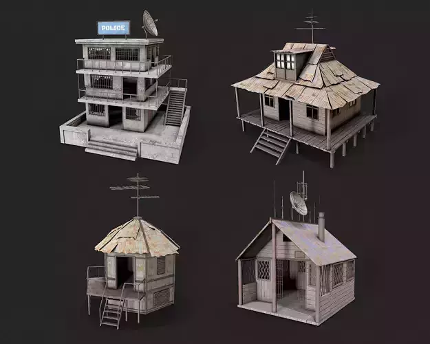 Post Apo Building House Shelter Police Station Collection Low-poly 3D model