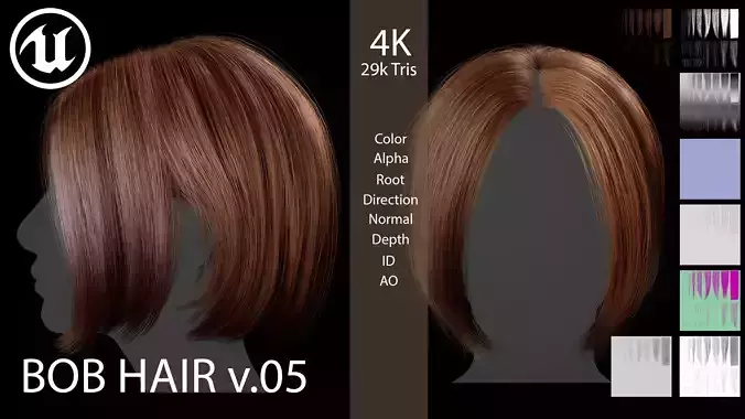 Real-Time Female Bob Hairstyle v05 - Game-Ready Hair Asset Low-poly 3D model