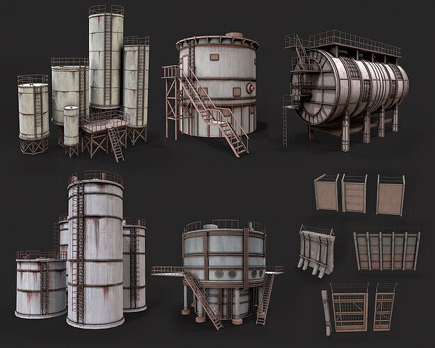 Post Apo Silo Tank and Fence Collection Low-poly 3D model