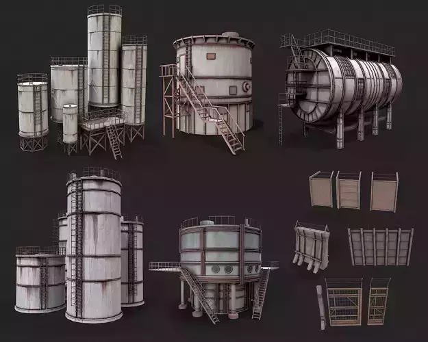 Post Apo Silo Tank and Fence Collection Low-poly 3D model