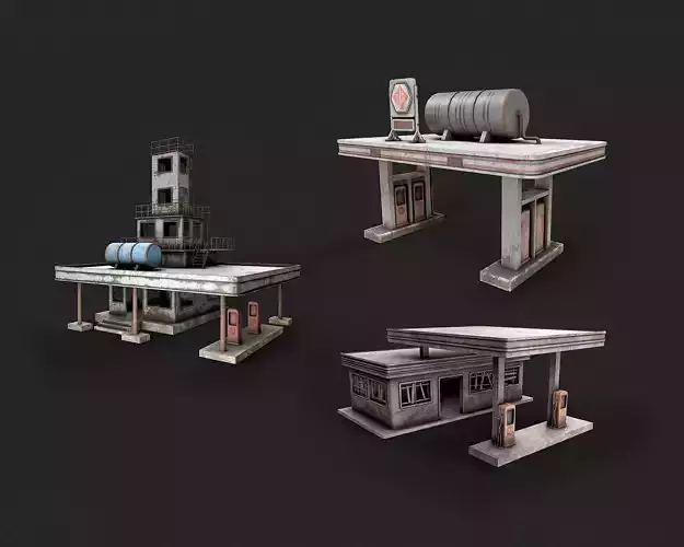 Post Apo Gas Station Collection Low-poly 3D model