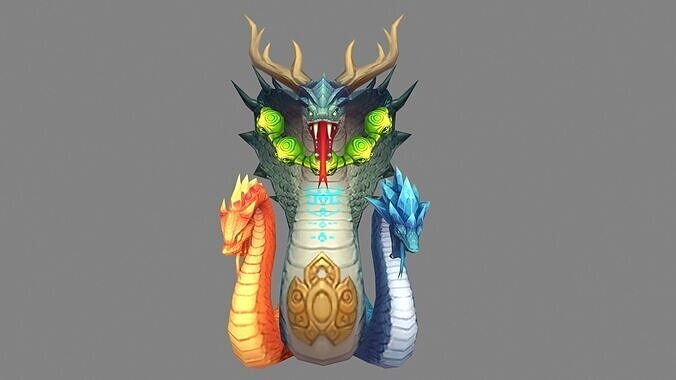 Three-headed snake of fire ice and poison Low-poly 3D model