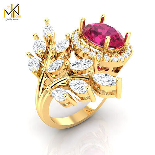 loral Leaf-Inspired Gold Ring with Marquise Stones    Jewelry 3D print model