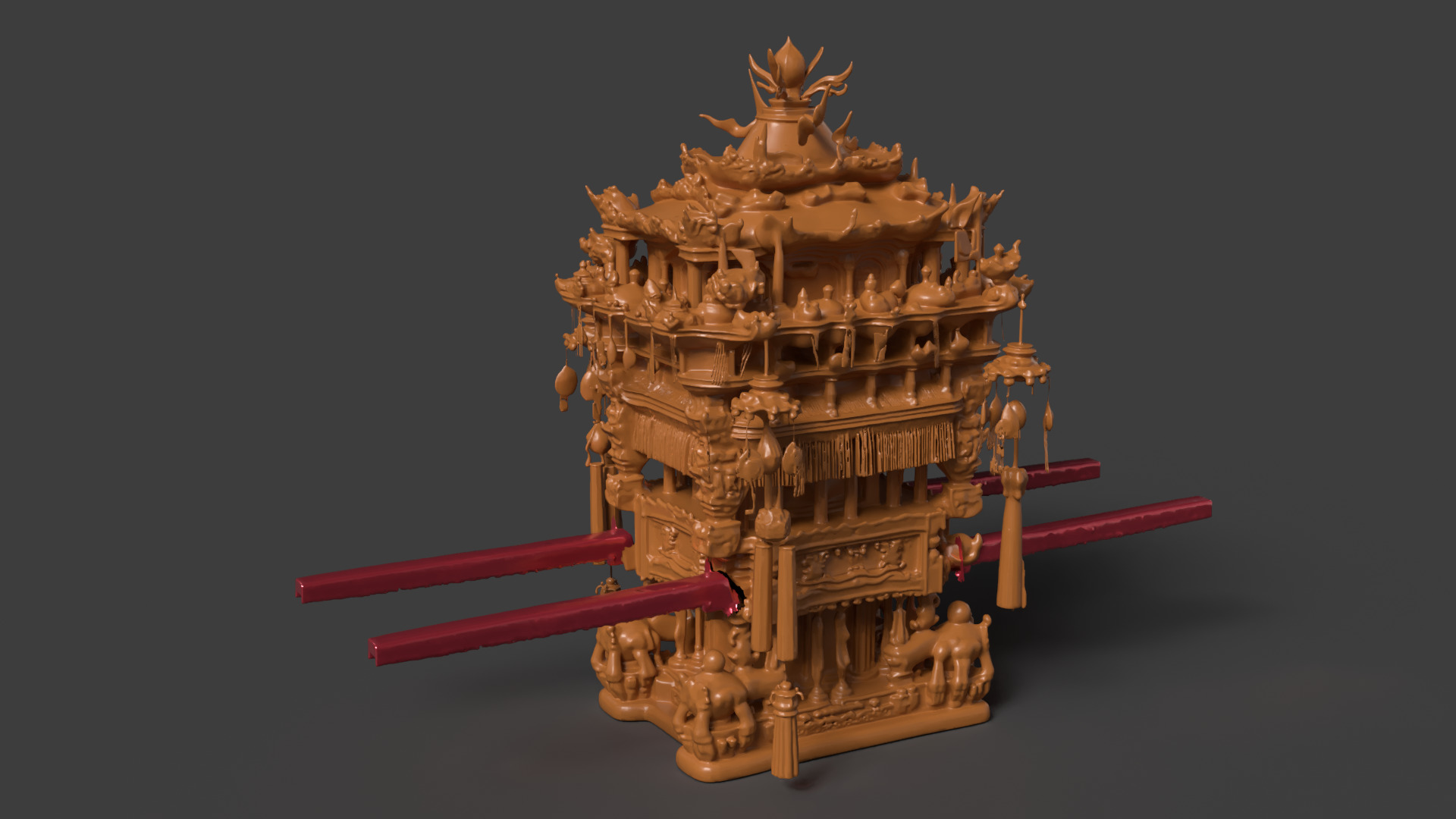 Chinese wooden wedding sedan figure Low-poly 3D model_2