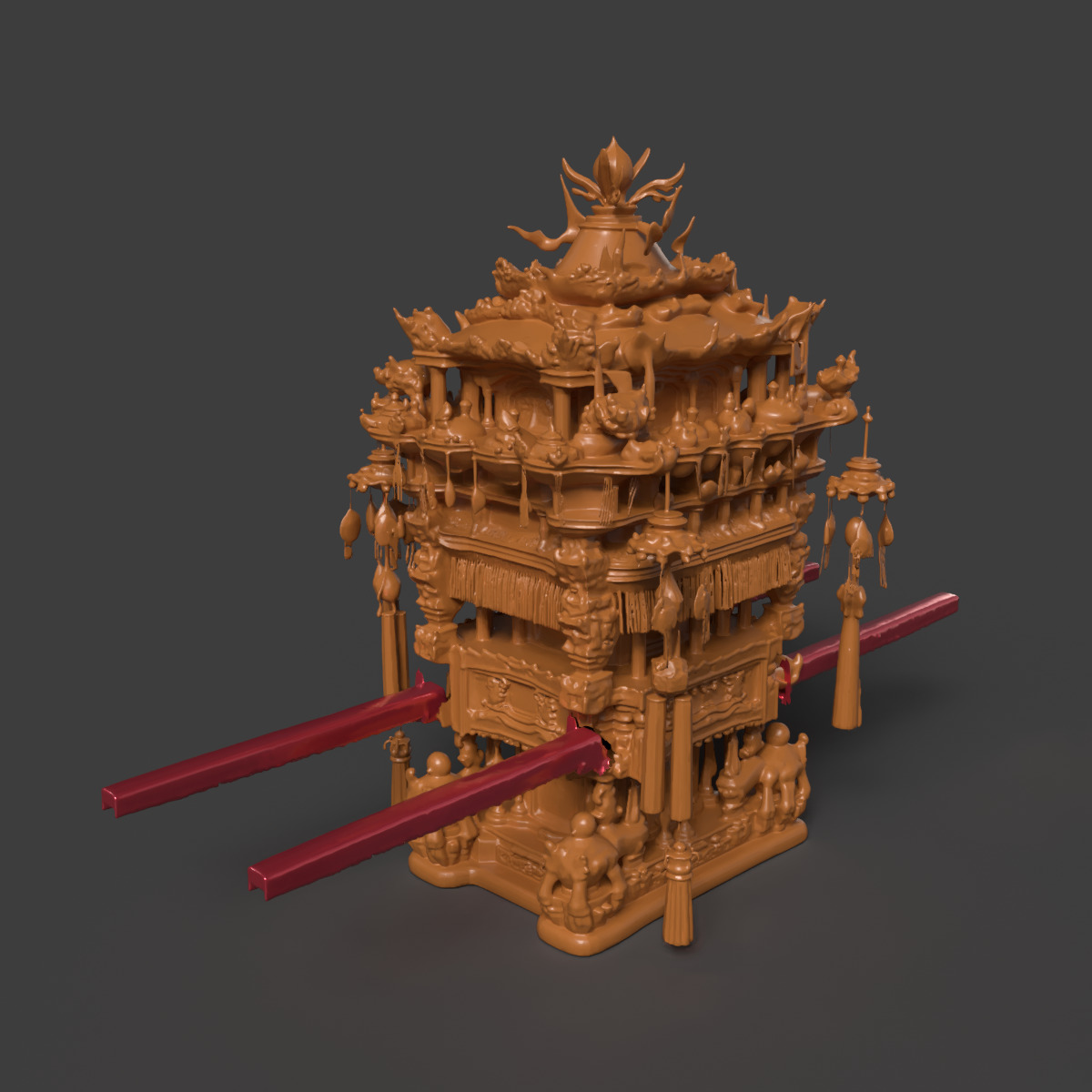 Chinese wooden wedding sedan figure Low-poly 3D model_6