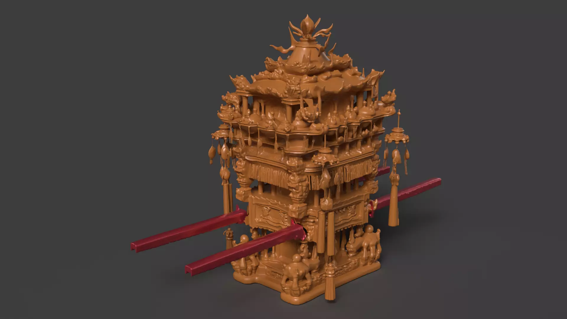 Chinese wooden wedding sedan figure Low-poly 3D model_0