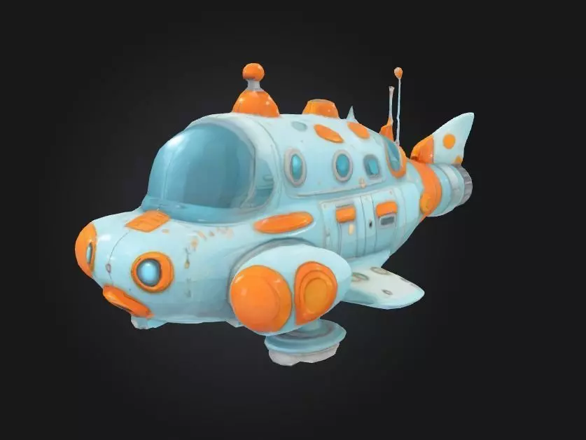 rusty spaceship cartoon stylized futuristic 3D model_0