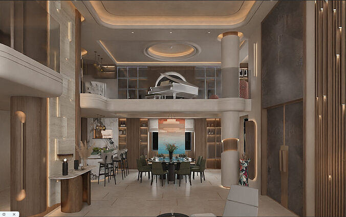 Italian-style villa living room and dining area 3D model