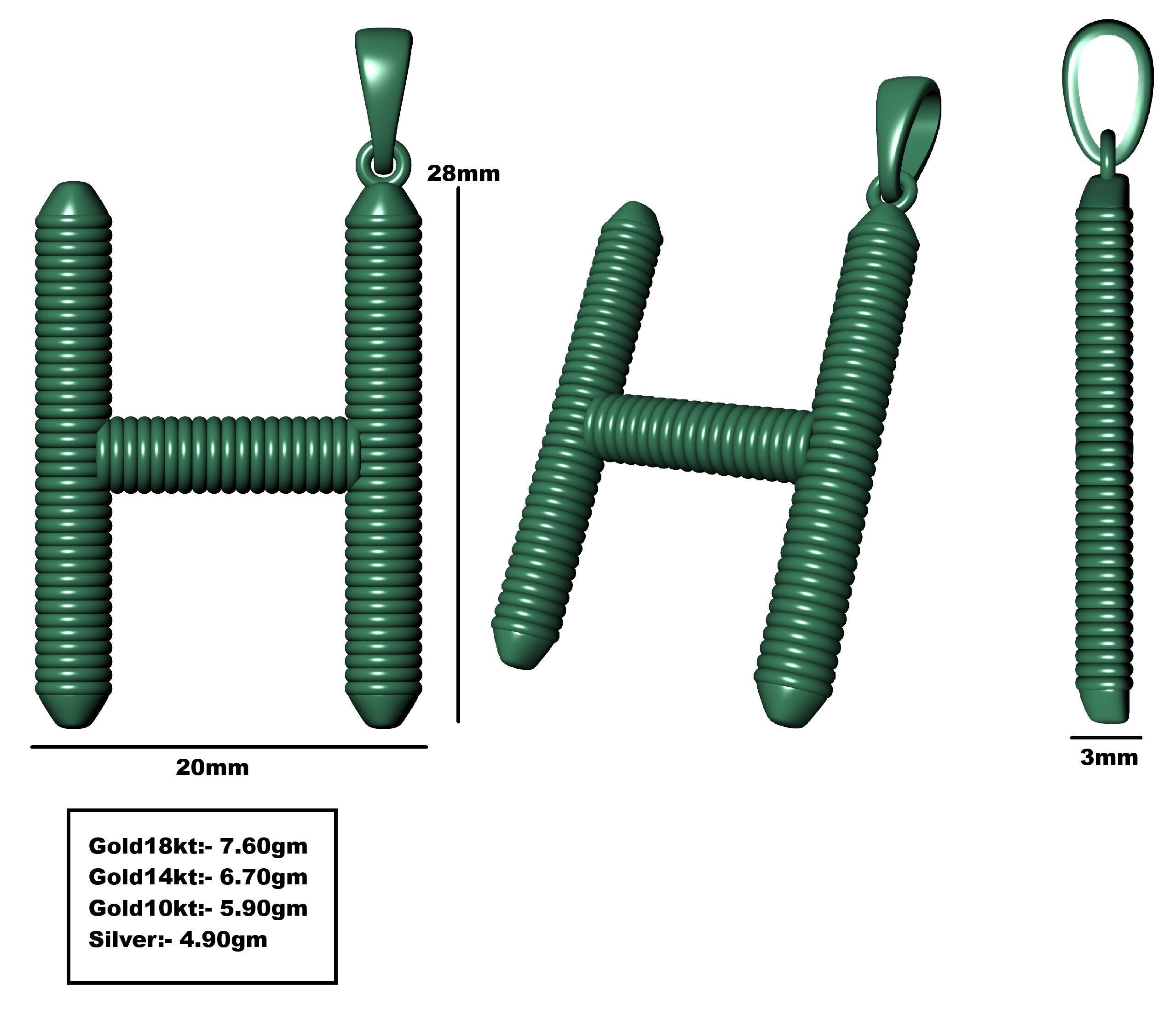 Spiral Initial Letter H Pendant 3D print model_34