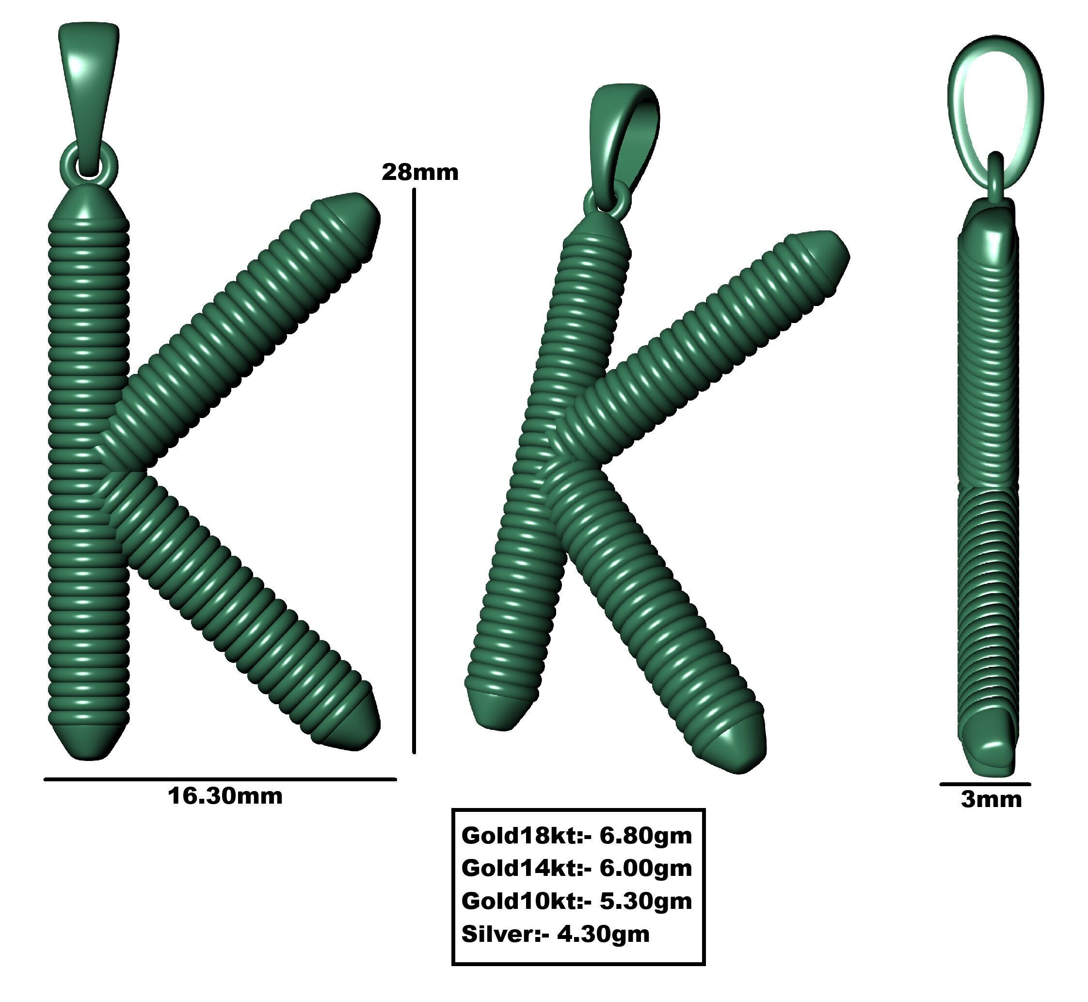 Spiral Initial Letter K Pendant 3D print model_34