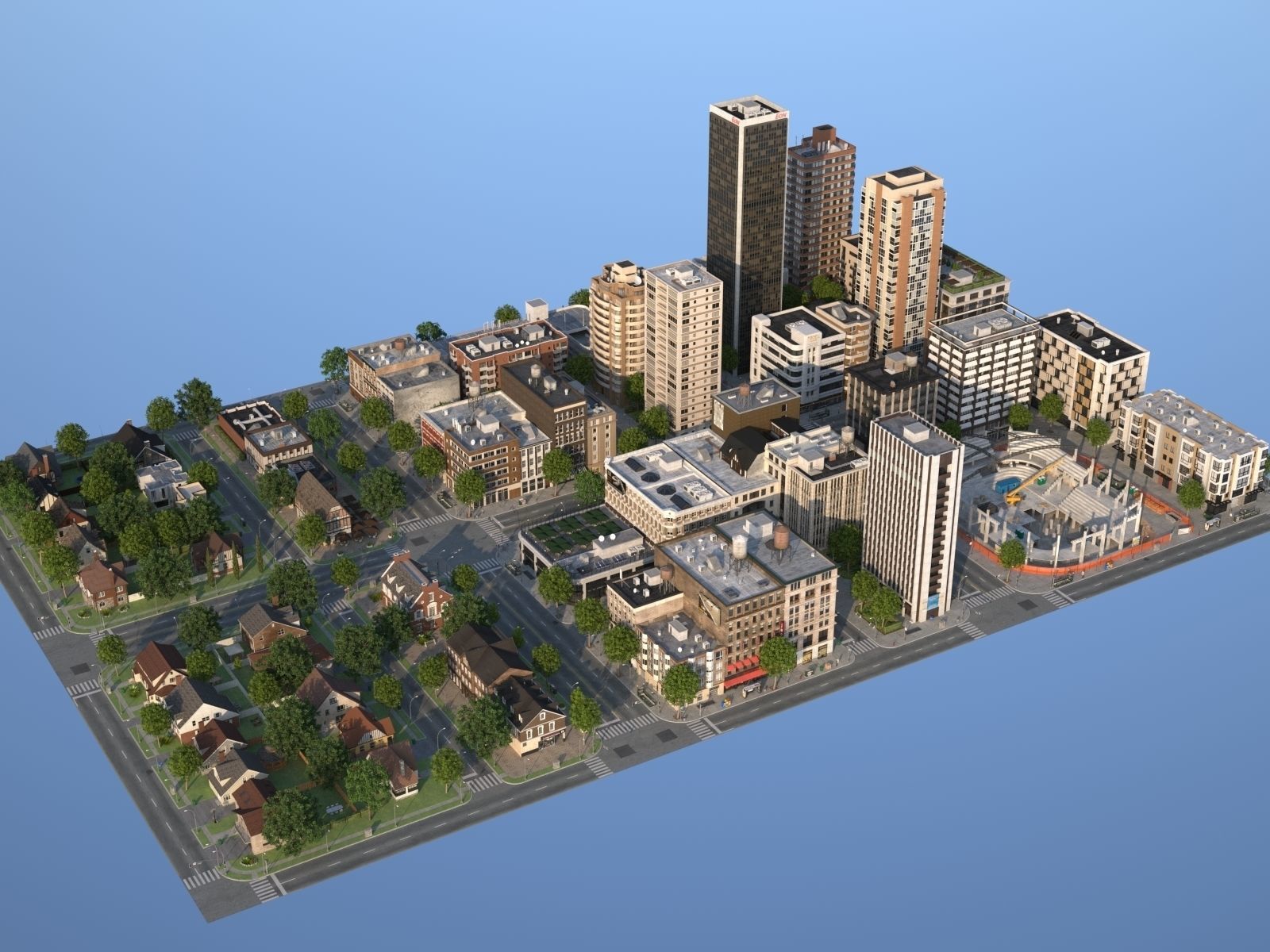 City with suburb Low-poly 3D model_5