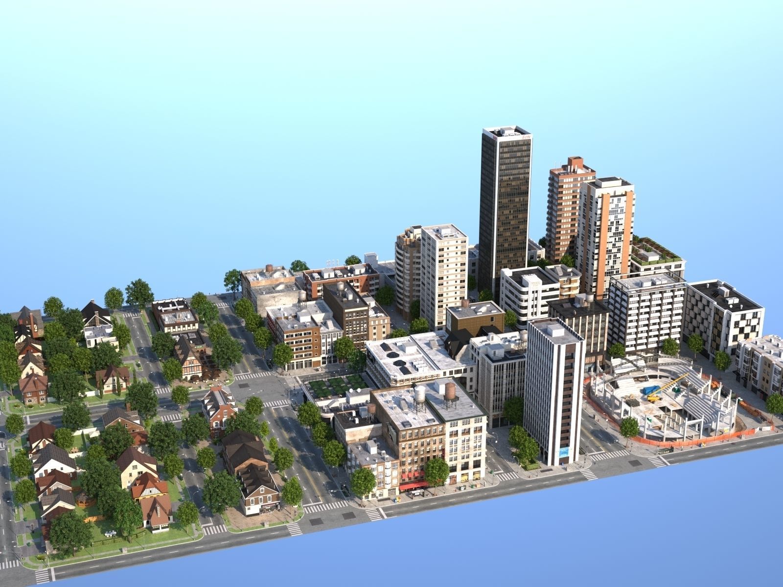 City with suburb Low-poly 3D model_2