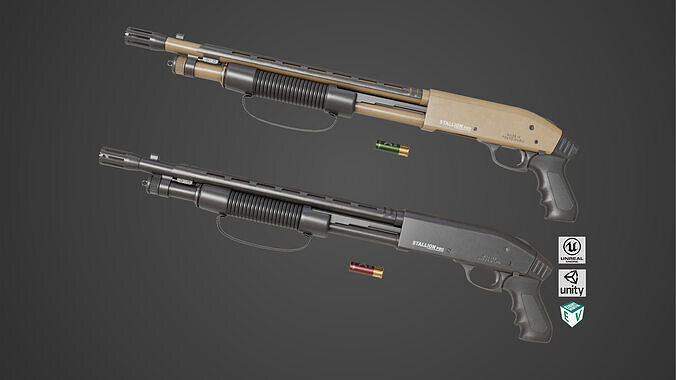 Small Shotgun 02 Black and Sandal Single Mat PBR Textures Low-poly 3D model