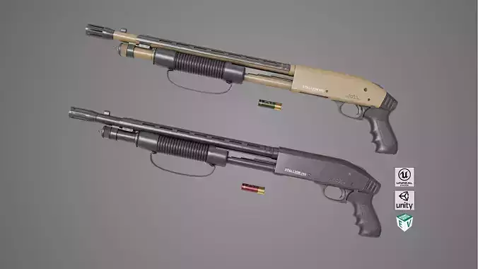 Small Shotgun 02 Black and Sandal Single Mat PBR Textures Low-poly 3D model