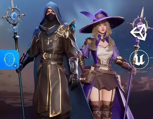 MMORPG Advanced Mages - Medieval Fantasy Modular Character Low-poly 3D model