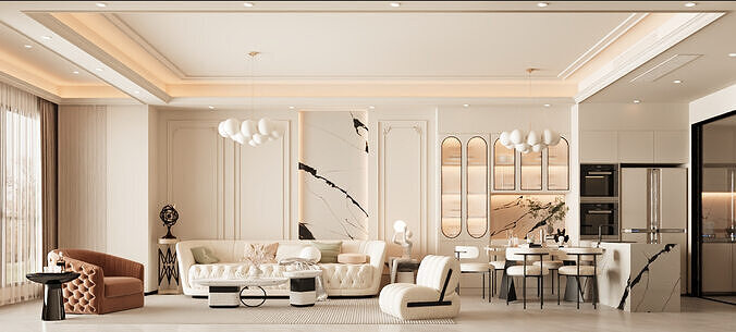 French-style Creamy Dining Room 3D model