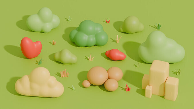 Stylized Cartoon Grass and Bushes Low-poly 3D model