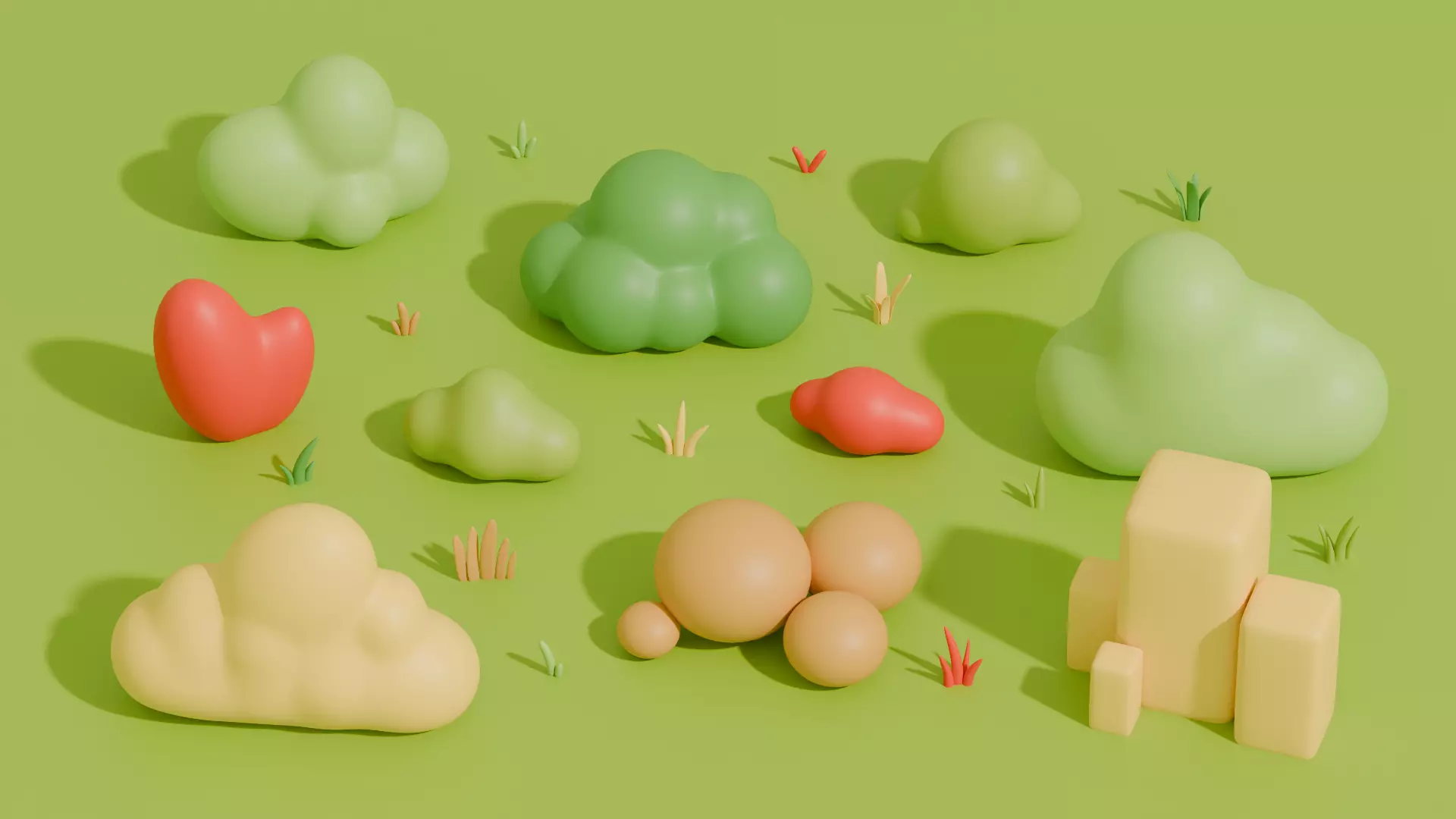 Stylized Cartoon Grass and Bushes Low-poly 3D model