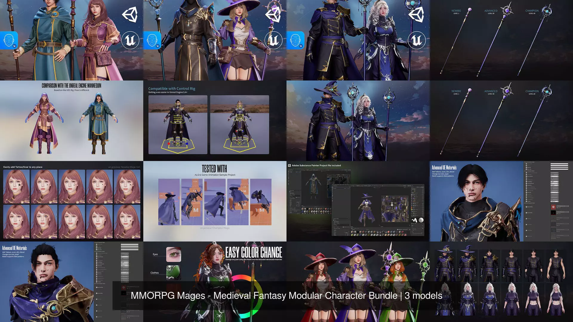 MMORPG Mages - Medieval Fantasy Modular Character Bundle 3D Model Collection_2