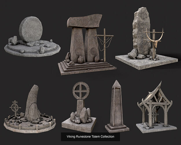 Viking Houses Totems Runestones Collection 3D Model Pack 3