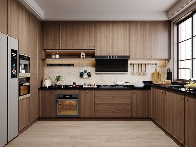 Modern Wood Kitchen Interior with Built-in Appliances 429 3D model