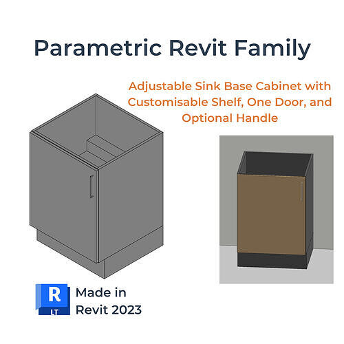 PARAMETRIC REVIT FAMILY Sink Base Cabinet Shelf 1 Door Handle 3D model