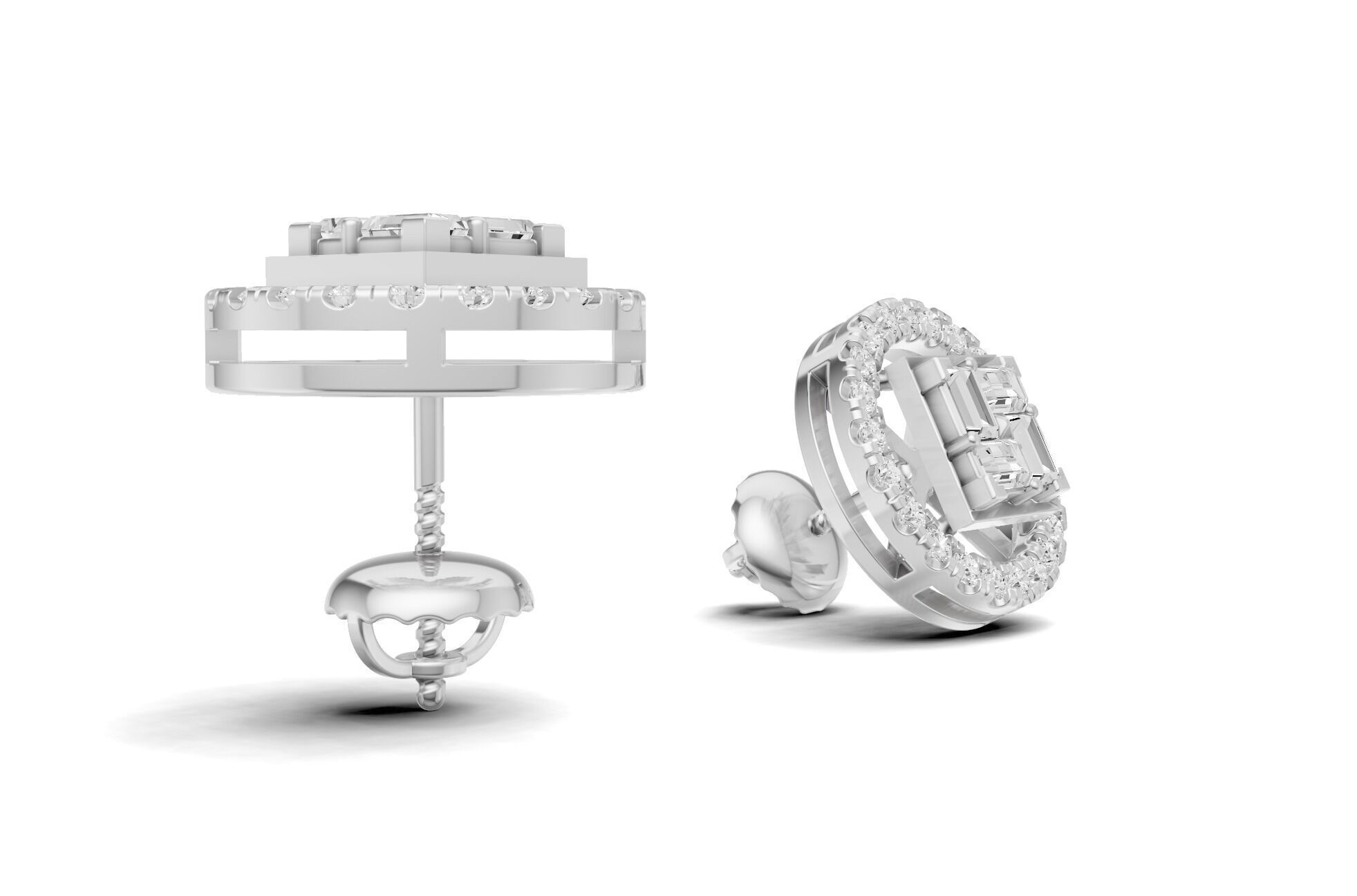 Baguette Cluster And Round Diamond Unique Stud 3D print model_9