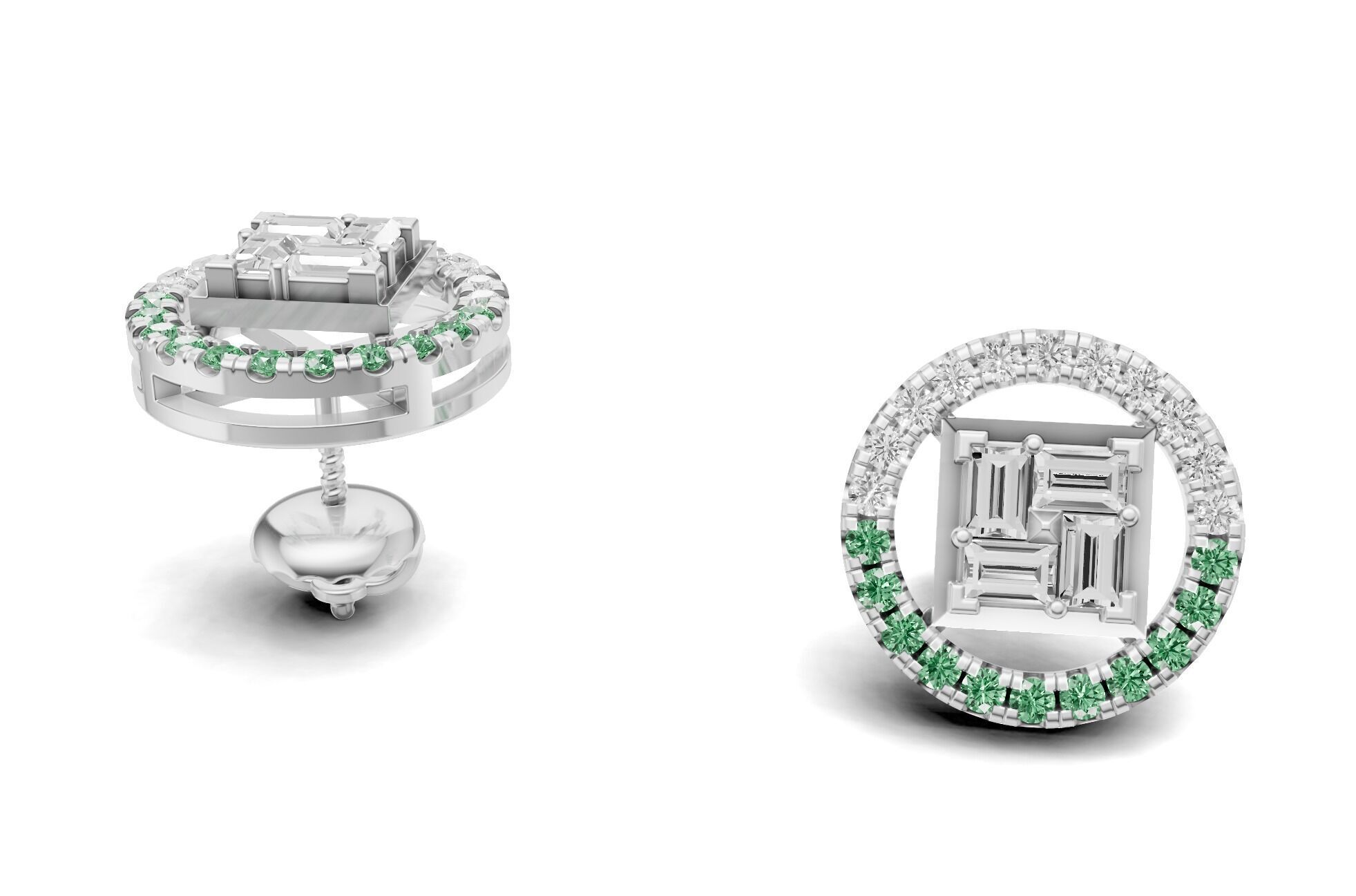 Baguette Cluster And Round Diamond Unique Stud 3D print model_1