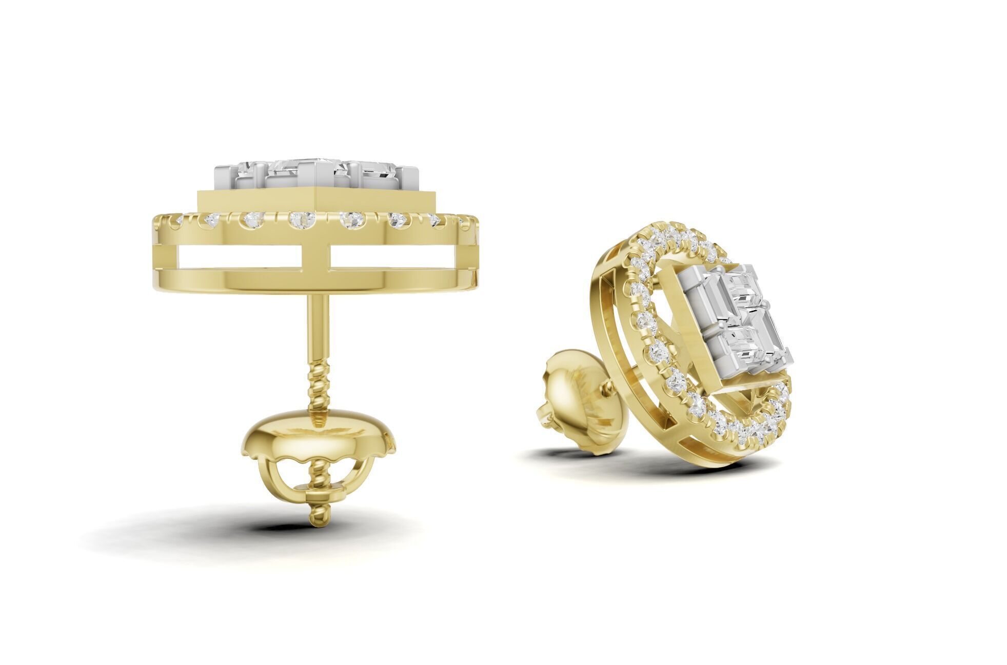 Baguette Cluster And Round Diamond Unique Stud 3D print model_7