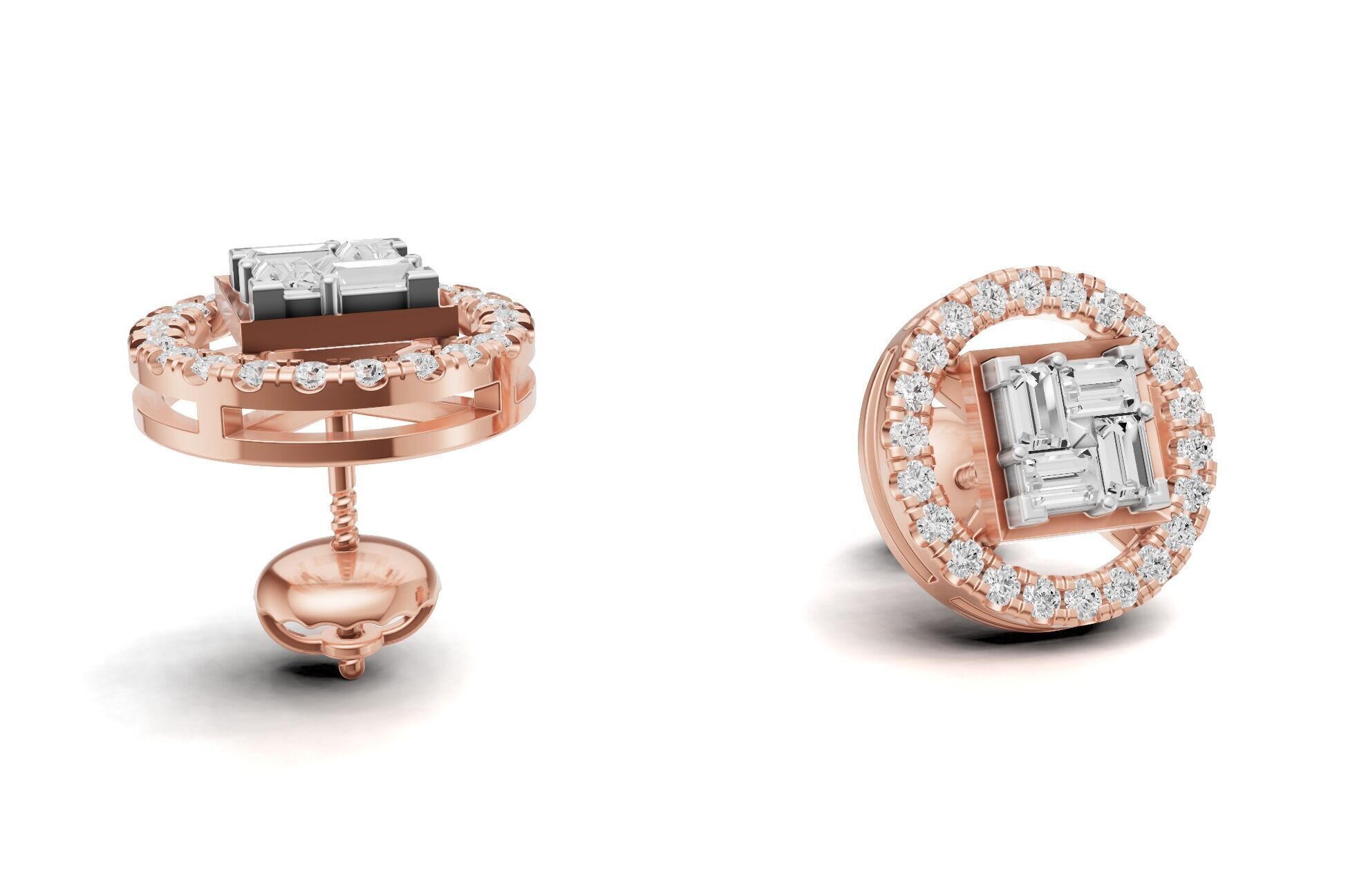 Baguette Cluster And Round Diamond Unique Stud 3D print model_14