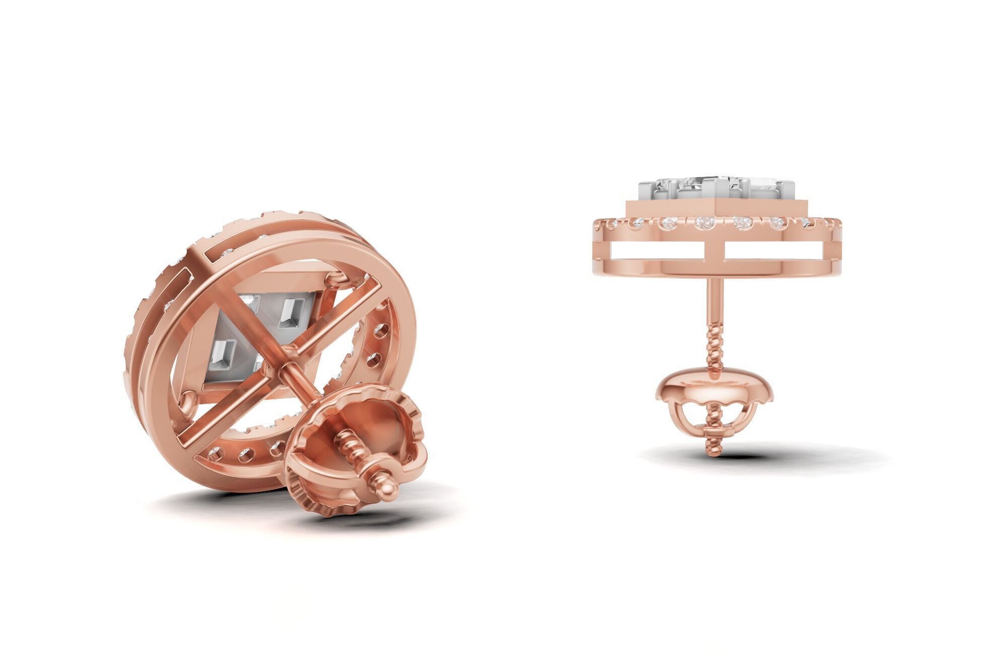 Baguette Cluster And Round Diamond Unique Stud 3D print model_11