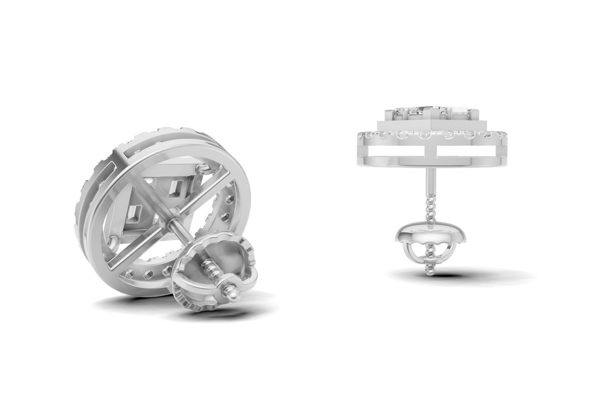 Baguette Cluster And Round Diamond Unique Stud 3D print model_10