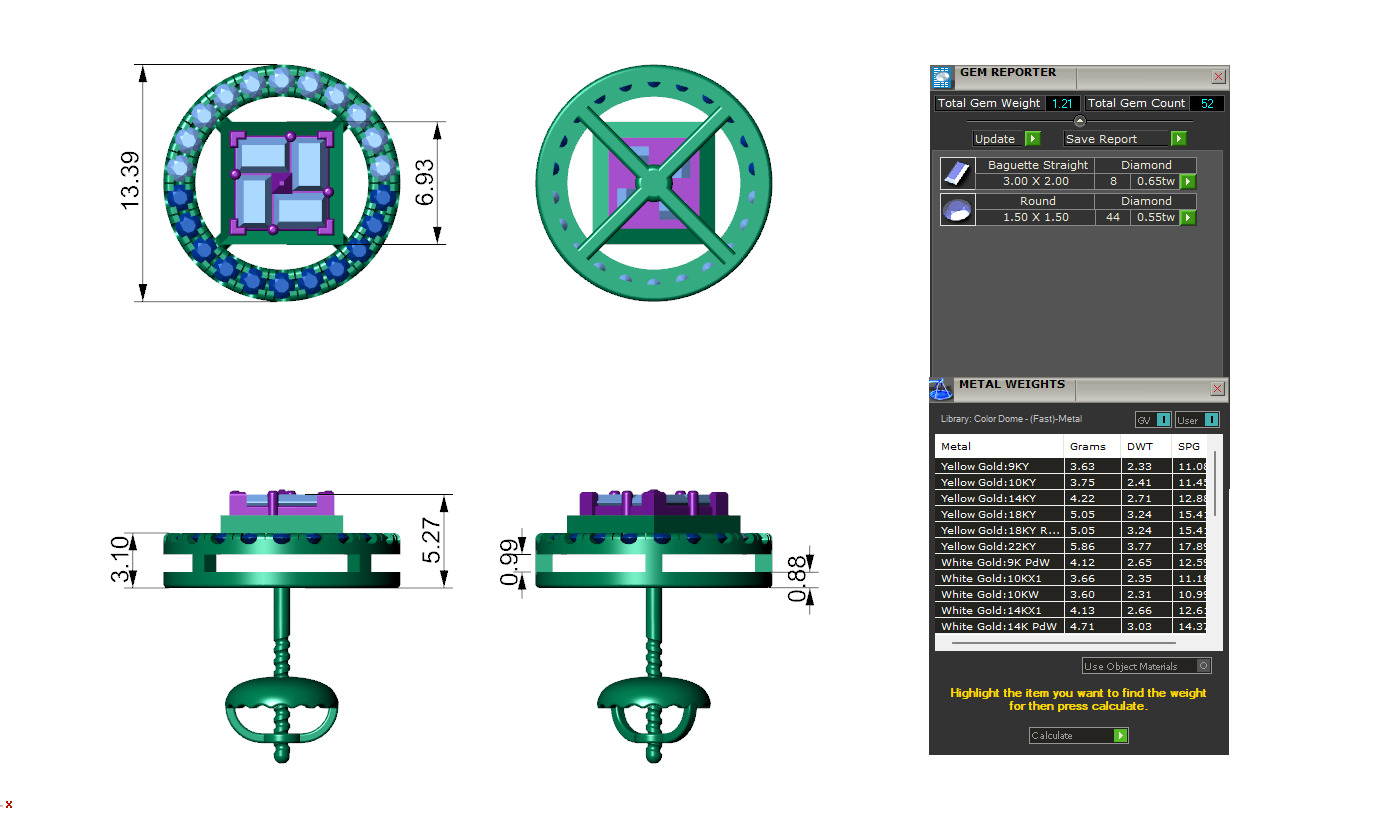 Baguette Cluster And Round Diamond Unique Stud 3D print model_4