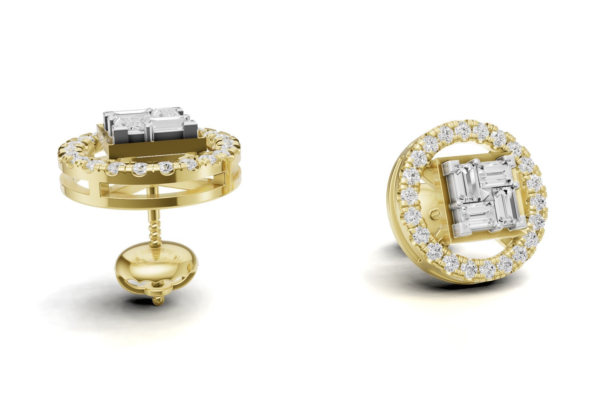 Baguette Cluster And Round Diamond Unique Stud 3D print model_13