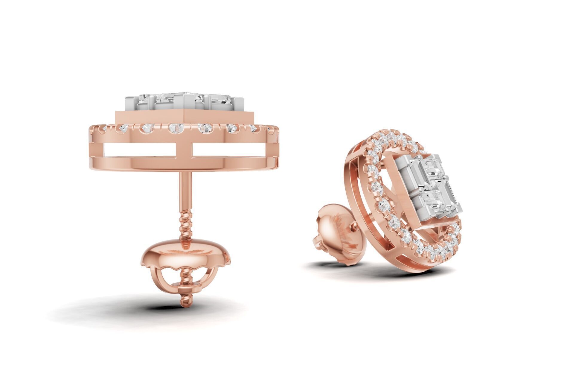 Baguette Cluster And Round Diamond Unique Stud 3D print model_8