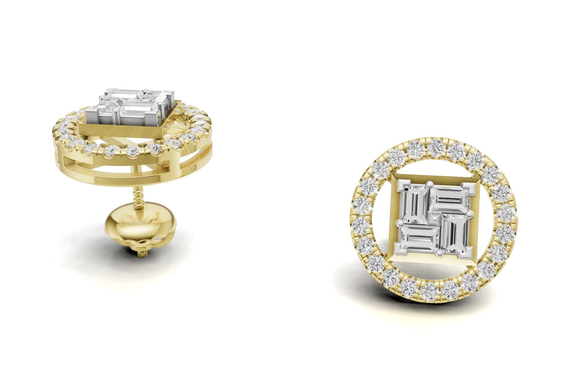 Baguette Cluster And Round Diamond Unique Stud 3D print model_3