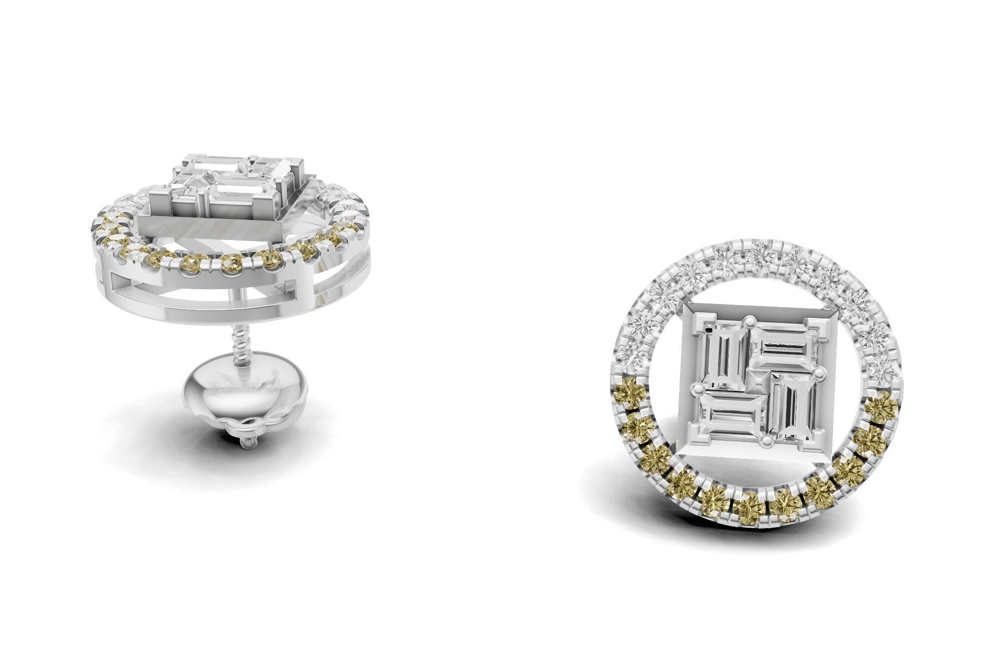 Baguette Cluster And Round Diamond Unique Stud 3D print model_5