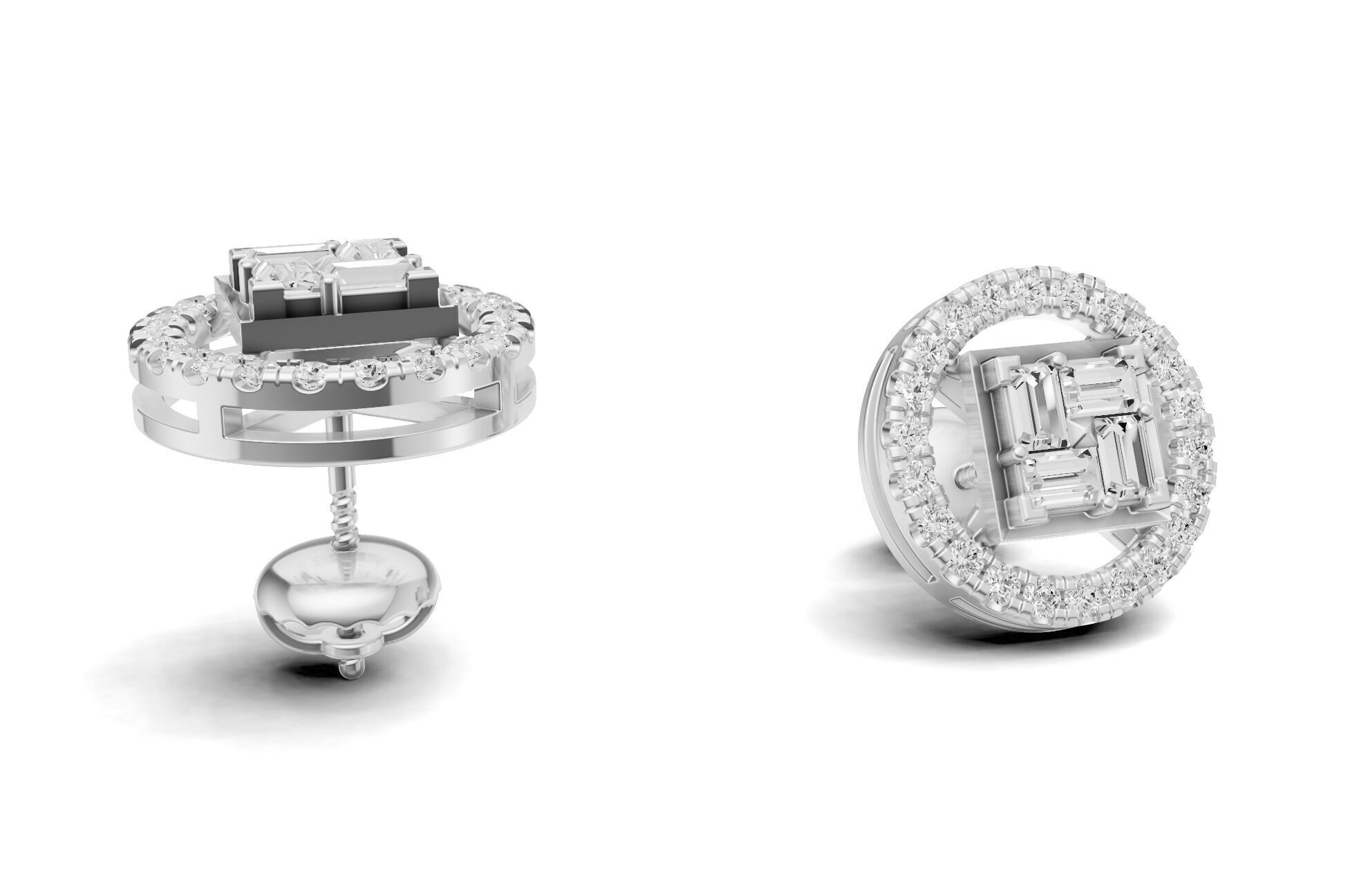 Baguette Cluster And Round Diamond Unique Stud 3D print model_15