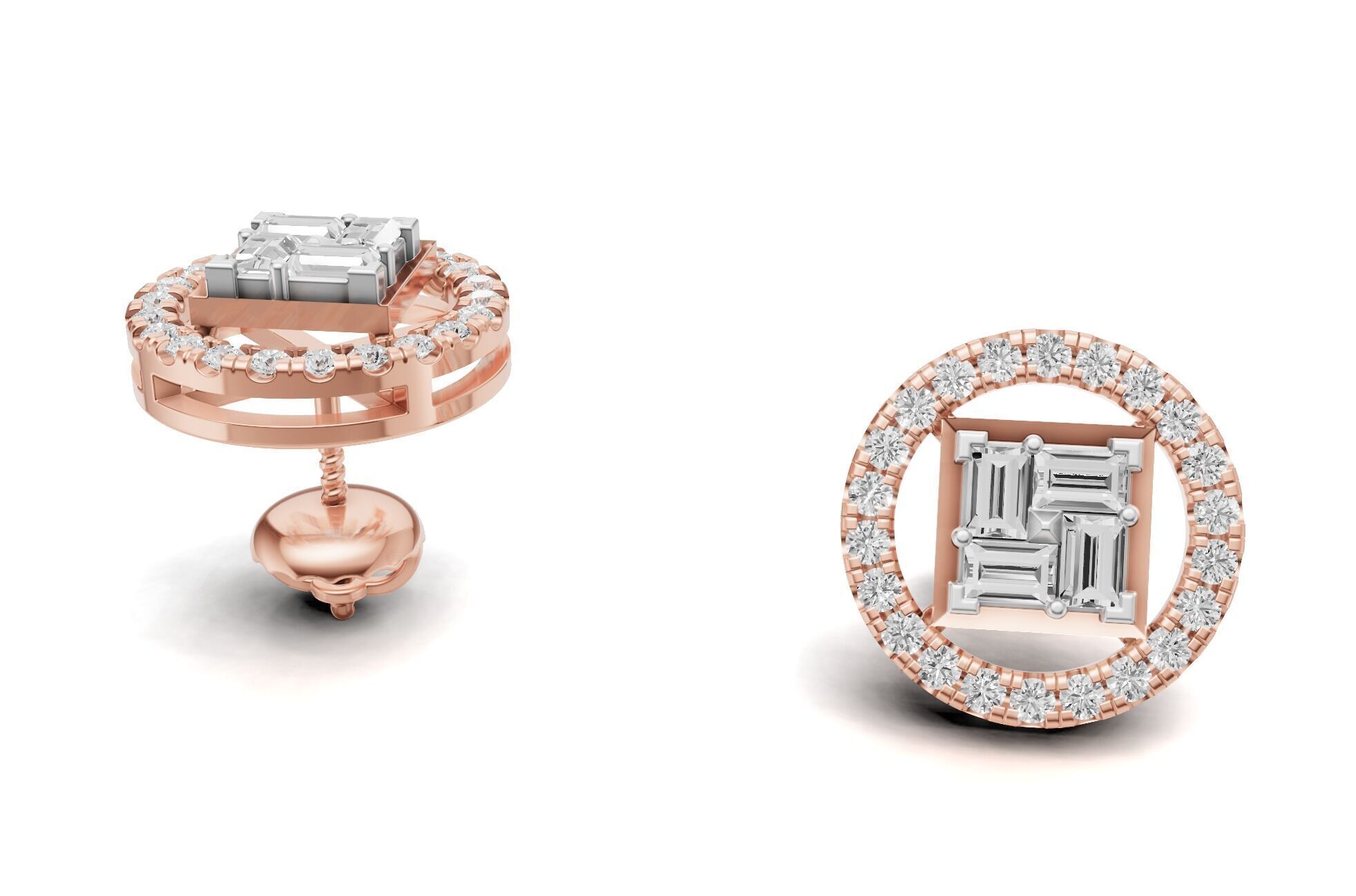 Baguette Cluster And Round Diamond Unique Stud 3D print model_2