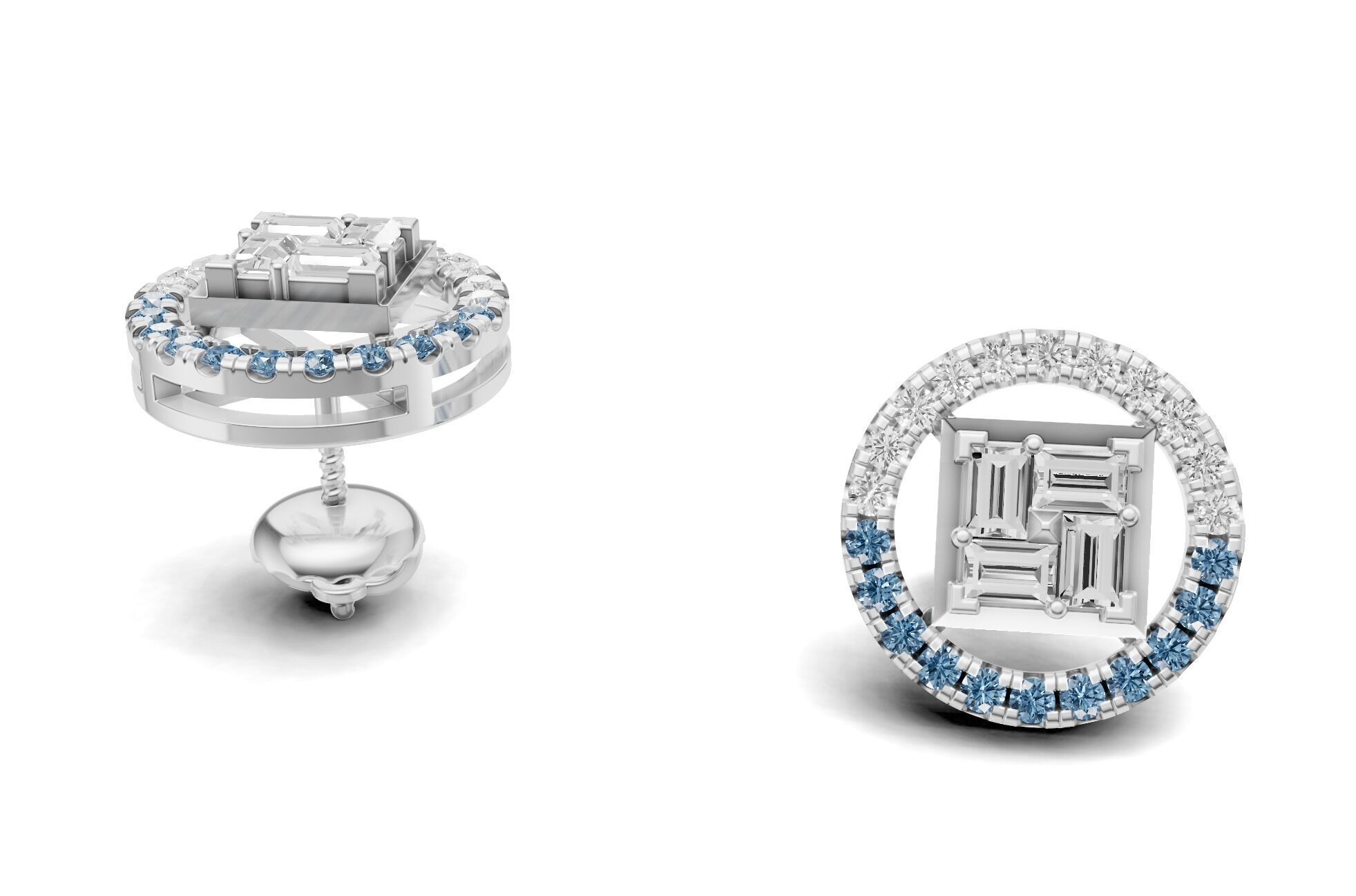 Baguette Cluster And Round Diamond Unique Stud 3D print model_6