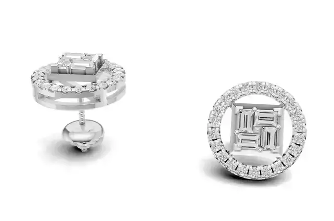 Baguette Cluster And Round Diamond Unique Stud