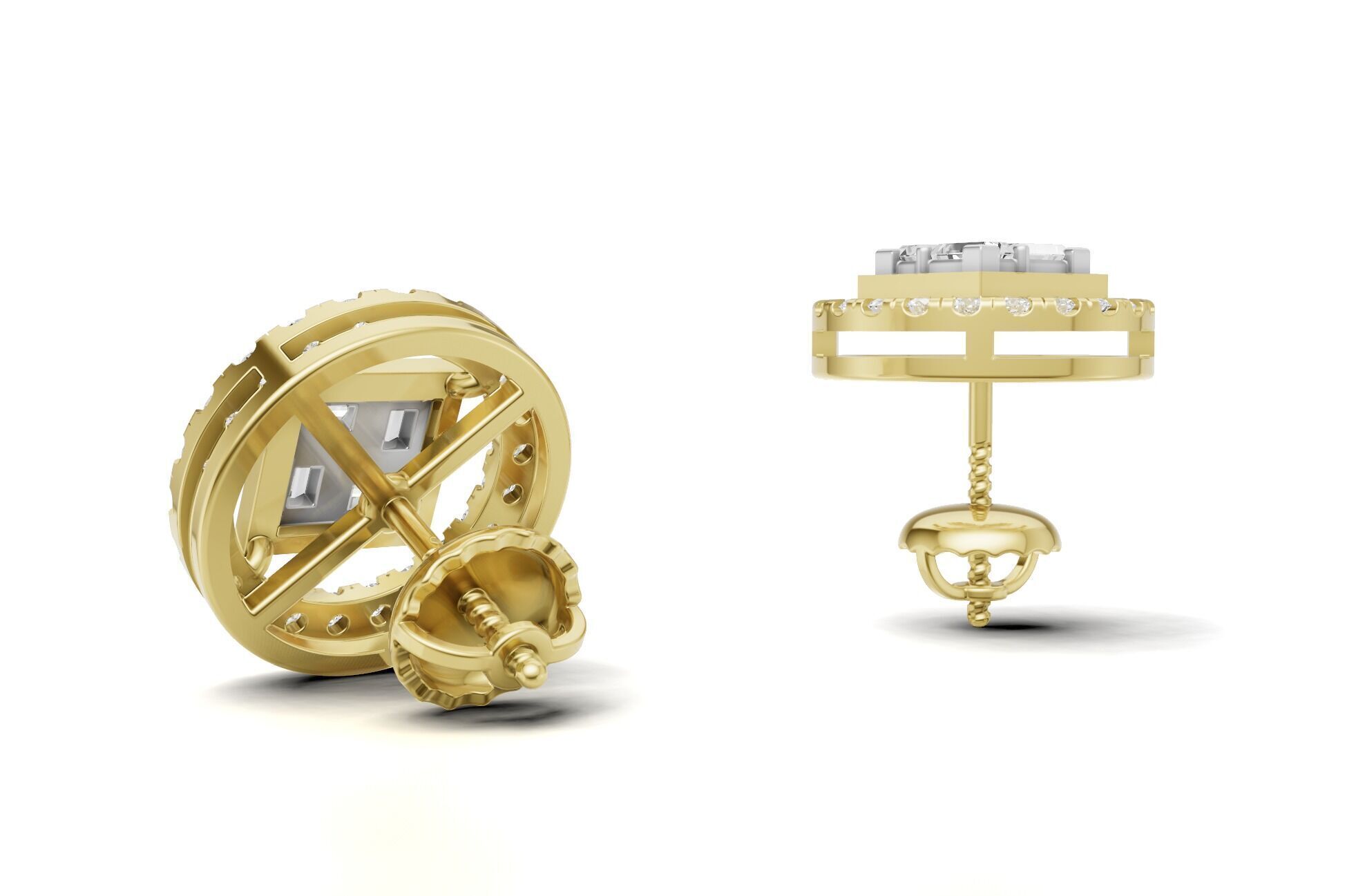 Baguette Cluster And Round Diamond Unique Stud 3D print model_12