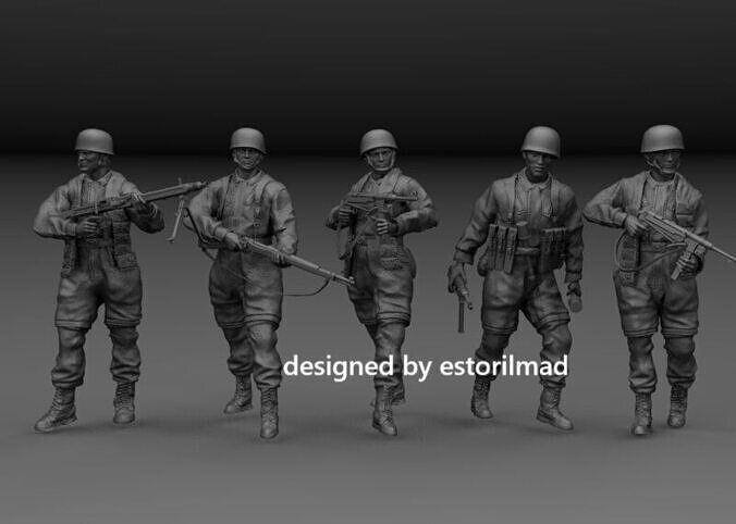 WW2 5 GERMAN PARATROOPER FALLSCHIRMJAGER IN ACTION 3D print model