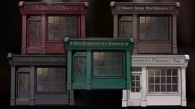 Old English Shop Fronts - 5 colors Low-poly 3D model