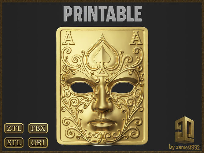Ornate Playing Card Ace of Spades Mask 3D print model